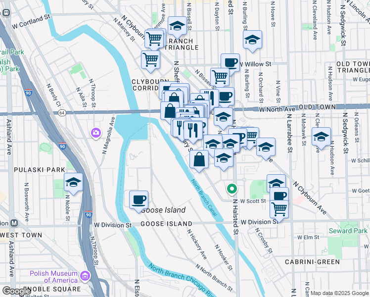 map of restaurants, bars, coffee shops, grocery stores, and more near 1550 North Kingsbury Street in Chicago