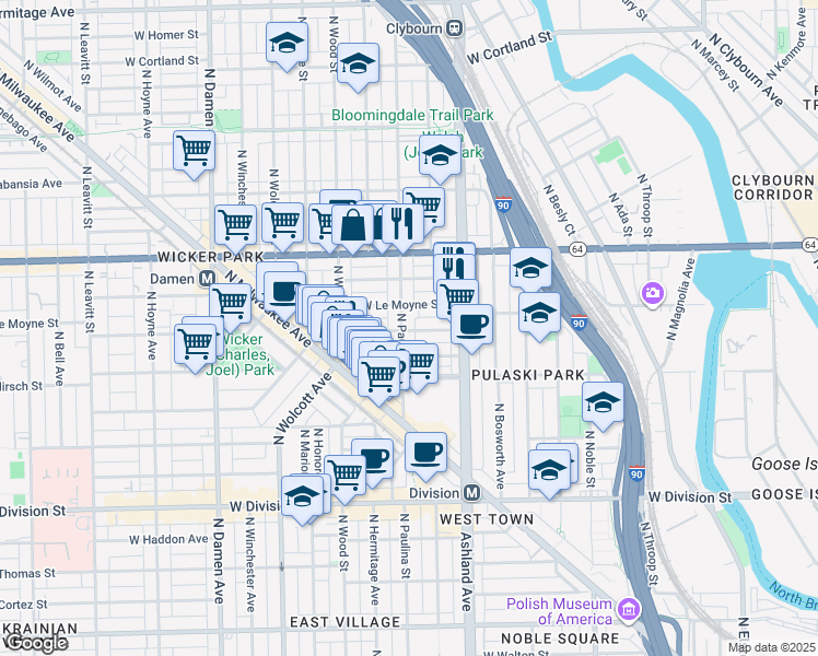 map of restaurants, bars, coffee shops, grocery stores, and more near in Chicago