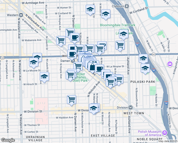 map of restaurants, bars, coffee shops, grocery stores, and more near 1474 North Milwaukee Avenue in Chicago