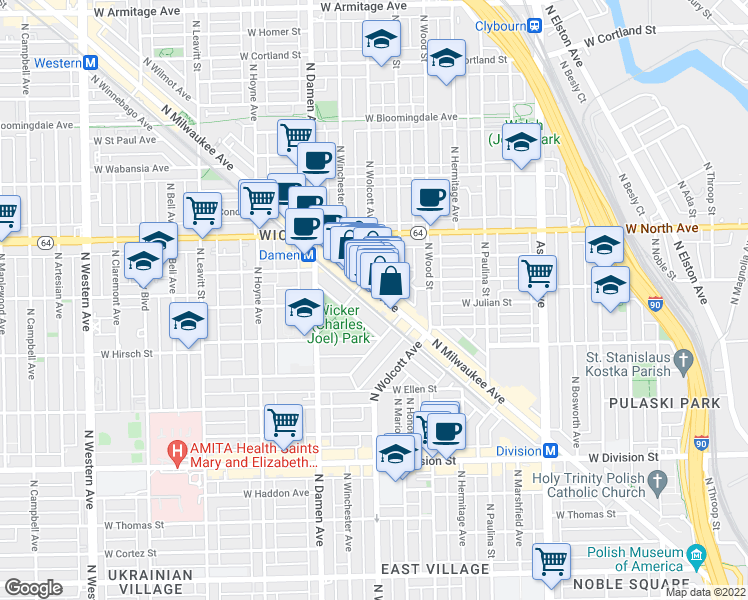 map of restaurants, bars, coffee shops, grocery stores, and more near 1474 North Milwaukee Avenue in Chicago
