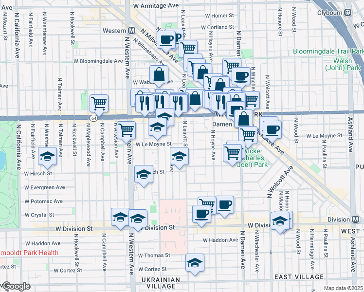 map of restaurants, bars, coffee shops, grocery stores, and more near in Chicago