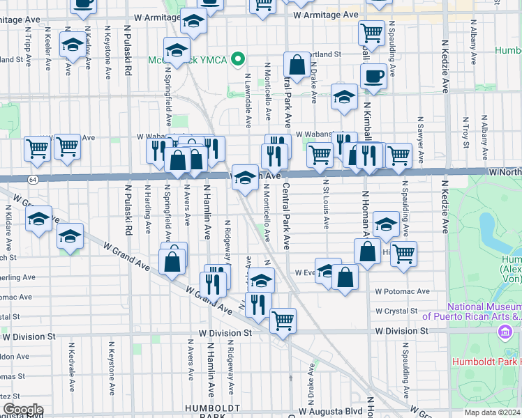 map of restaurants, bars, coffee shops, grocery stores, and more near 1511 North Lawndale Avenue in Chicago