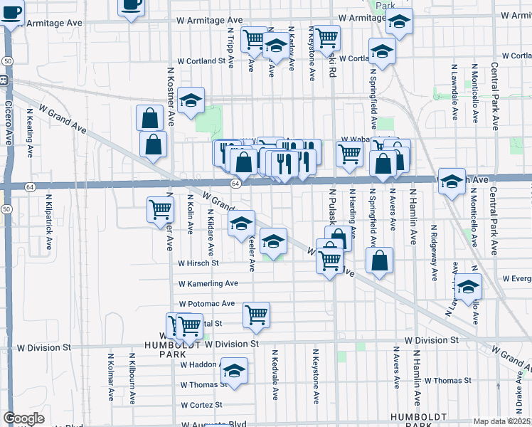 map of restaurants, bars, coffee shops, grocery stores, and more near 1512 North Kedvale Avenue in Chicago
