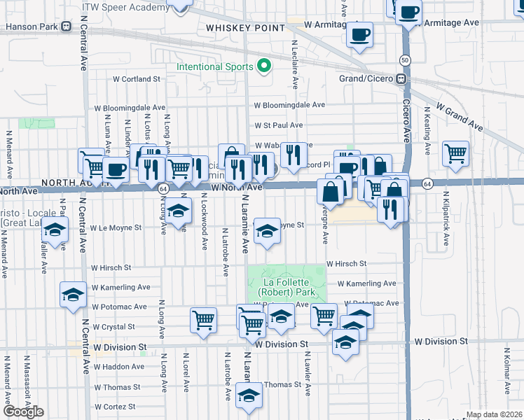map of restaurants, bars, coffee shops, grocery stores, and more near 1525 North Leamington Avenue in Chicago