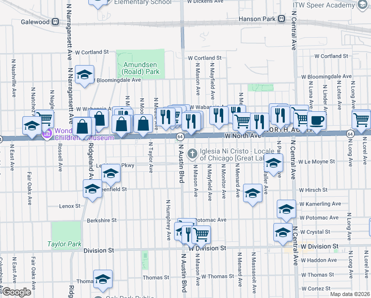 map of restaurants, bars, coffee shops, grocery stores, and more near 1533 North Austin Boulevard in Chicago