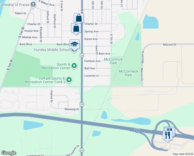 map of restaurants, bars, coffee shops, grocery stores, and more near 536 Lucerne Lane in DeKalb