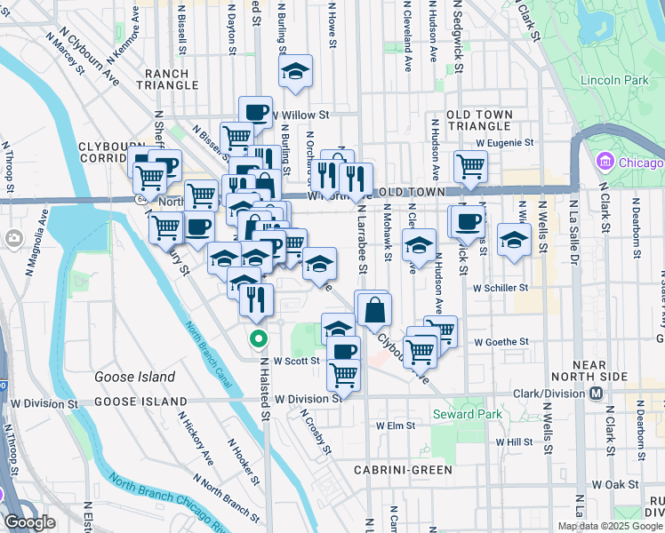 map of restaurants, bars, coffee shops, grocery stores, and more near 1471 North Ogden Avenue in Chicago