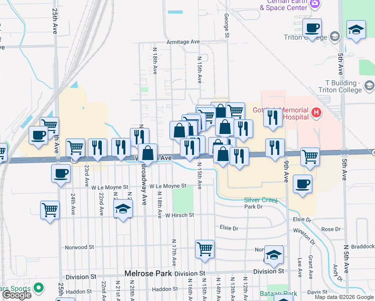map of restaurants, bars, coffee shops, grocery stores, and more near 1527 West North Avenue in Melrose Park