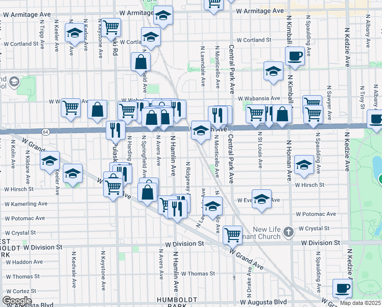 map of restaurants, bars, coffee shops, grocery stores, and more near 3722 West Le Moyne Street in Chicago