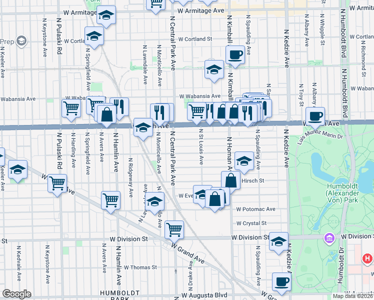 map of restaurants, bars, coffee shops, grocery stores, and more near 3528 West Le Moyne Street in Chicago