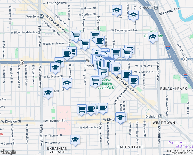 map of restaurants, bars, coffee shops, grocery stores, and more near 1500 North Damen Avenue in Chicago