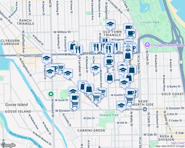 map of restaurants, bars, coffee shops, grocery stores, and more near in Chicago