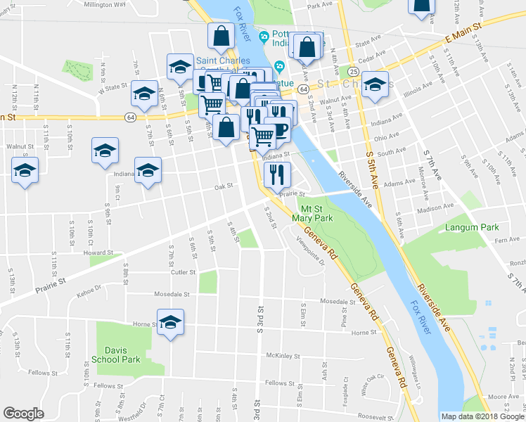 map of restaurants, bars, coffee shops, grocery stores, and more near 609 South 2nd Street in St. Charles