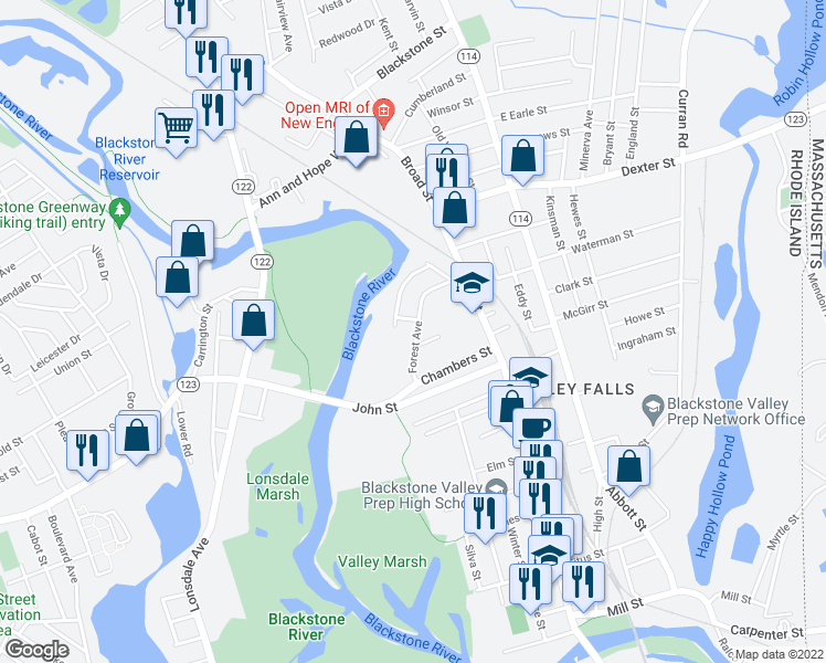 map of restaurants, bars, coffee shops, grocery stores, and more near 40 Forest Avenue in Cumberland