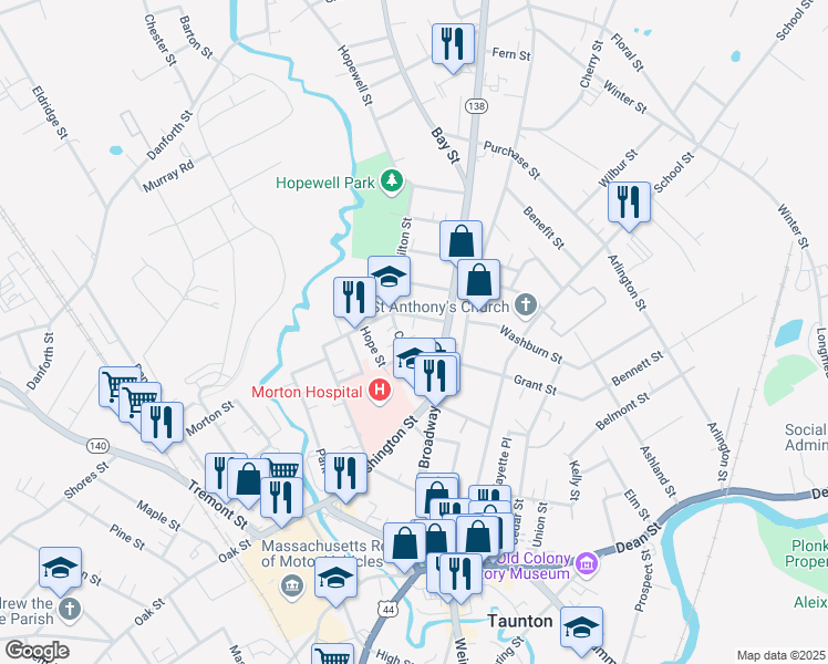 map of restaurants, bars, coffee shops, grocery stores, and more near 6 Church Avenue in Taunton