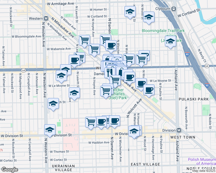 map of restaurants, bars, coffee shops, grocery stores, and more near 1508 North Damen Avenue in Chicago