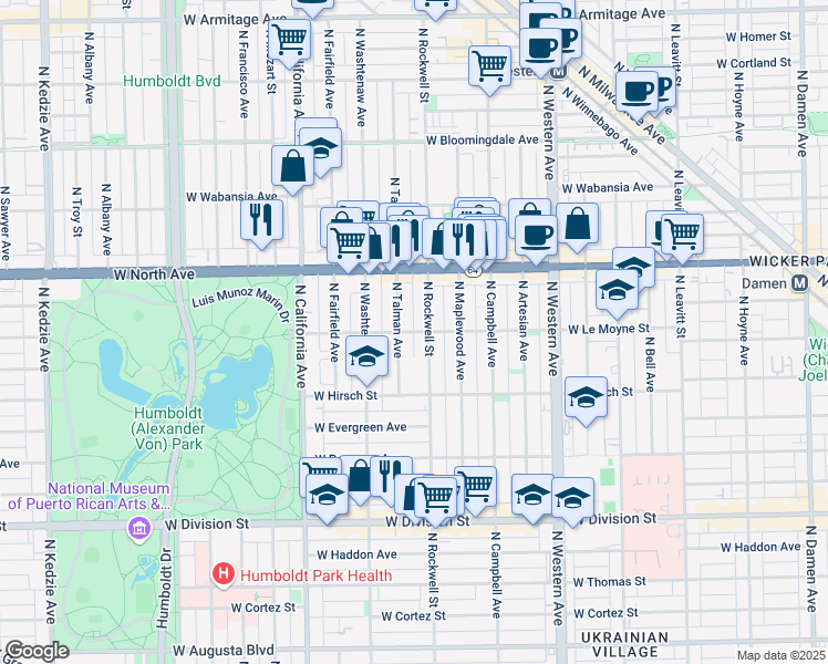 map of restaurants, bars, coffee shops, grocery stores, and more near 2614 West Le Moyne Street in Chicago