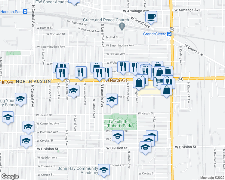 map of restaurants, bars, coffee shops, grocery stores, and more near 1525 North Leamington Avenue in Chicago