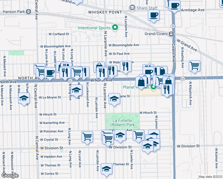 map of restaurants, bars, coffee shops, grocery stores, and more near 1525 North Leamington Avenue in Chicago