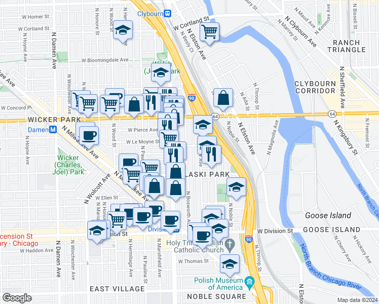 map of restaurants, bars, coffee shops, grocery stores, and more near 1449 North Bosworth Avenue in Chicago