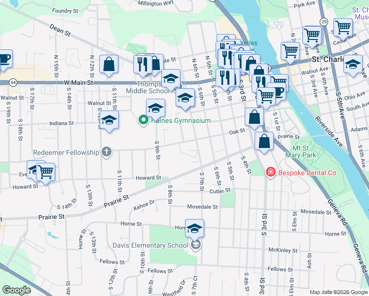 map of restaurants, bars, coffee shops, grocery stores, and more near 400 8th Court in St. Charles