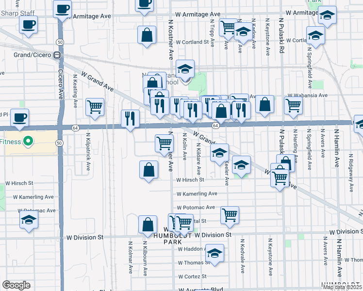 map of restaurants, bars, coffee shops, grocery stores, and more near 1524 North Kolin Avenue in Chicago