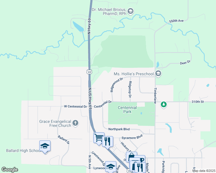 map of restaurants, bars, coffee shops, grocery stores, and more near 1111 Ridgewood Dr in Huxley