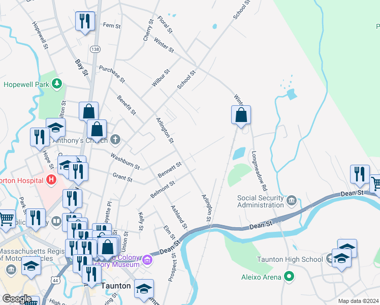 map of restaurants, bars, coffee shops, grocery stores, and more near 40 Bennett Street in Taunton