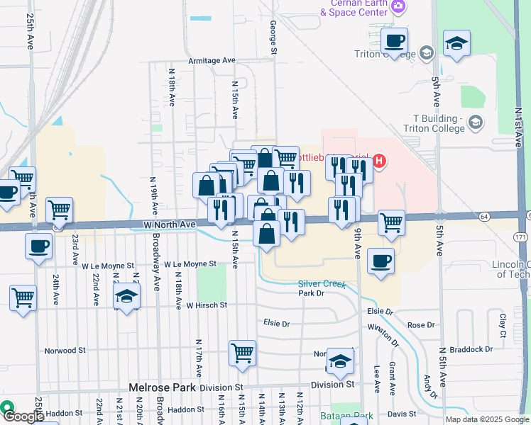 map of restaurants, bars, coffee shops, grocery stores, and more near 1415 West North Avenue in Melrose Park
