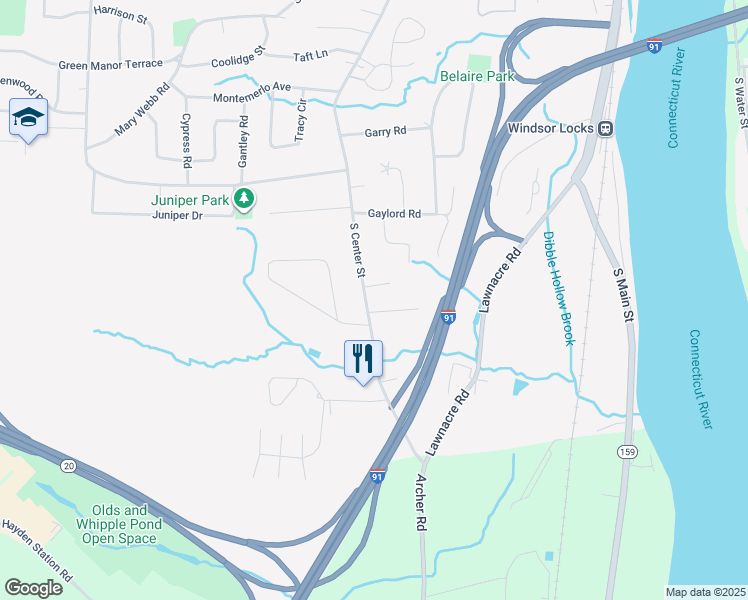 map of restaurants, bars, coffee shops, grocery stores, and more near 316 South Center Street in Windsor Locks
