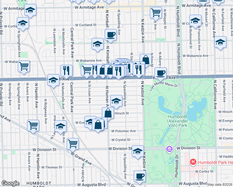map of restaurants, bars, coffee shops, grocery stores, and more near 3328 West Le Moyne Street in Chicago