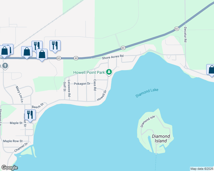 map of restaurants, bars, coffee shops, grocery stores, and more near 61214 Howell Drive in Cassopolis