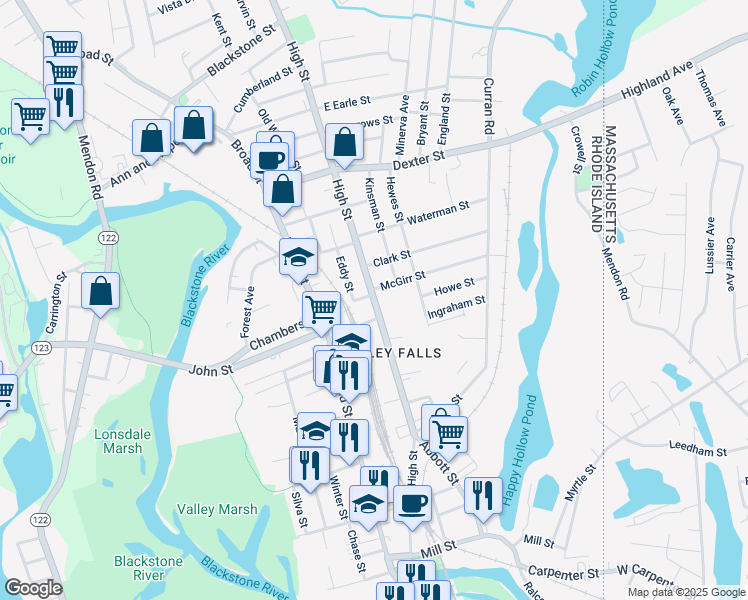 map of restaurants, bars, coffee shops, grocery stores, and more near 2 Patt Avenue in Cumberland