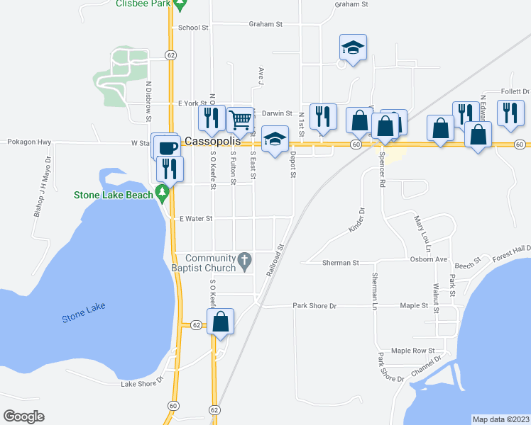 map of restaurants, bars, coffee shops, grocery stores, and more near 507 East Water Street in Cassopolis