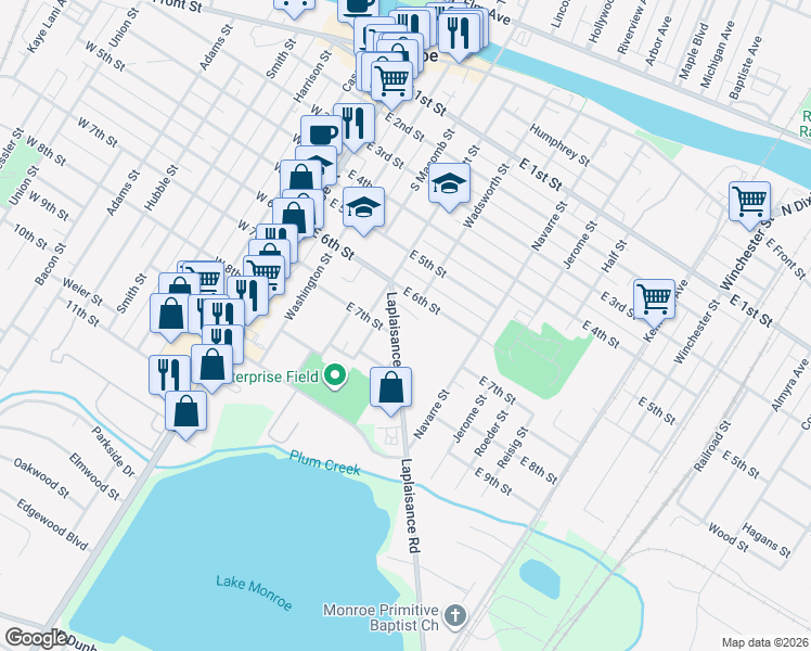 map of restaurants, bars, coffee shops, grocery stores, and more near 642 Laplaisance Road in Monroe