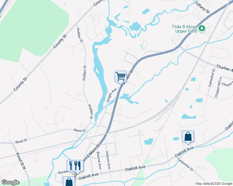 map of restaurants, bars, coffee shops, grocery stores, and more near 1035 South Main Street in Attleboro
