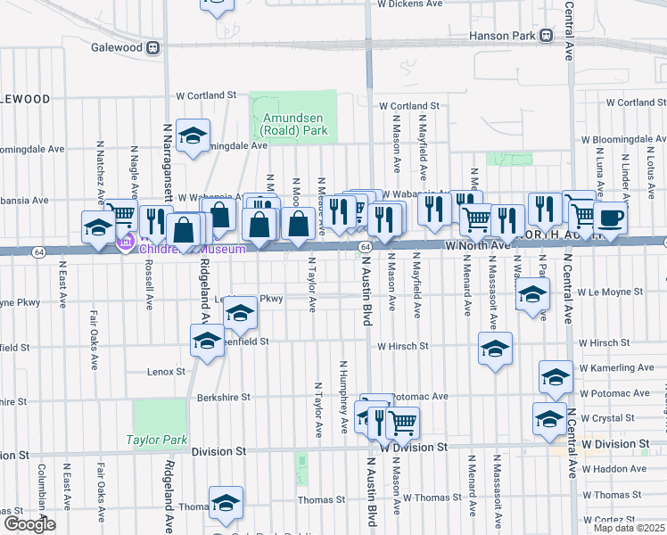 map of restaurants, bars, coffee shops, grocery stores, and more near 1227 North Humphrey Avenue in Oak Park