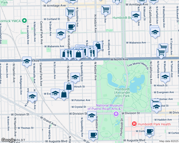map of restaurants, bars, coffee shops, grocery stores, and more near 3226 West Le Moyne Street in Chicago