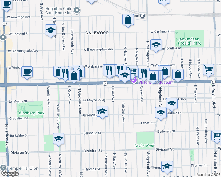 map of restaurants, bars, coffee shops, grocery stores, and more near 1235 North East Avenue in Oak Park