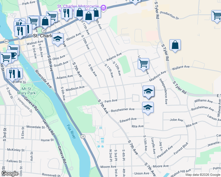 map of restaurants, bars, coffee shops, grocery stores, and more near 1031 Madison Avenue in St. Charles