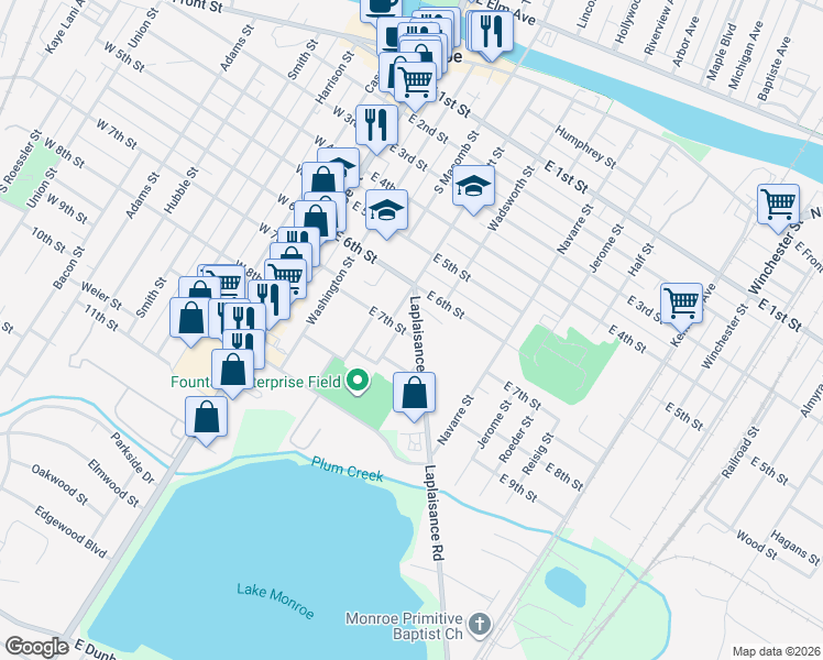 map of restaurants, bars, coffee shops, grocery stores, and more near 642 Laplaisance Road in Monroe