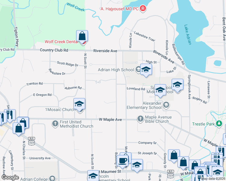 map of restaurants, bars, coffee shops, grocery stores, and more near 575 Budlong Street in Adrian