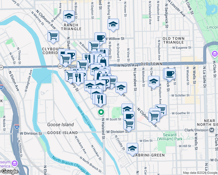 map of restaurants, bars, coffee shops, grocery stores, and more near 1457 North Halsted Street in Chicago