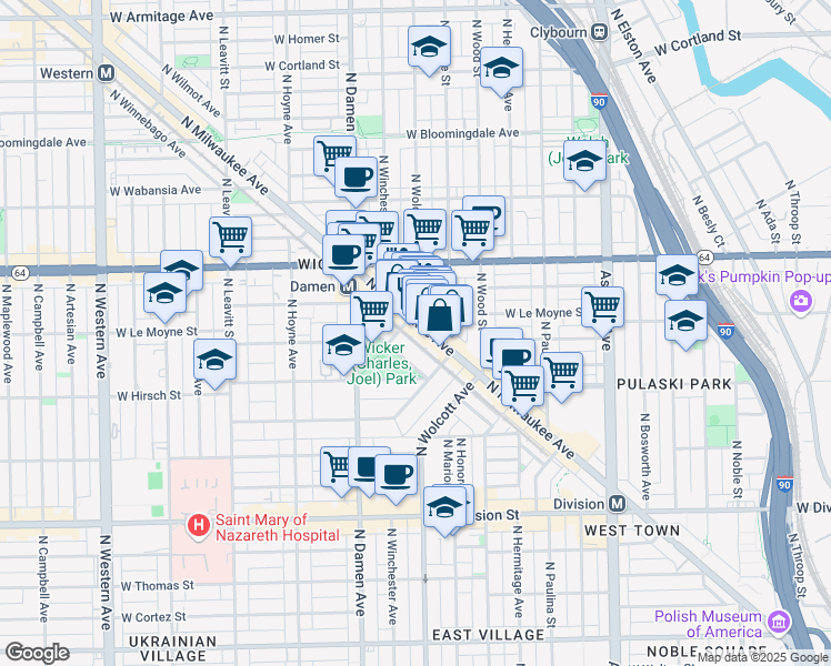 map of restaurants, bars, coffee shops, grocery stores, and more near 1474 North Milwaukee Avenue in Chicago