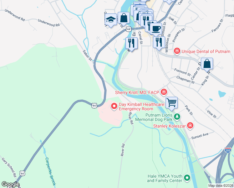 map of restaurants, bars, coffee shops, grocery stores, and more near 33 Quinebaug Avenue in Putnam