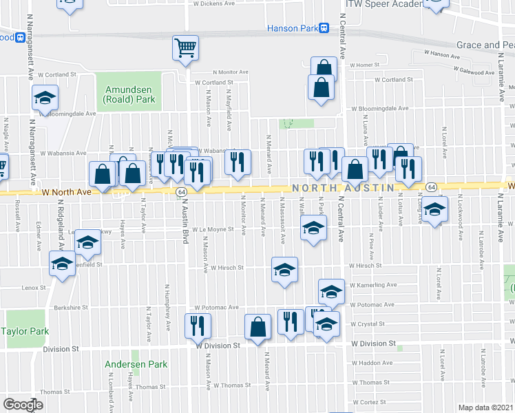 map of restaurants, bars, coffee shops, grocery stores, and more near 1532 North Menard Avenue in Chicago