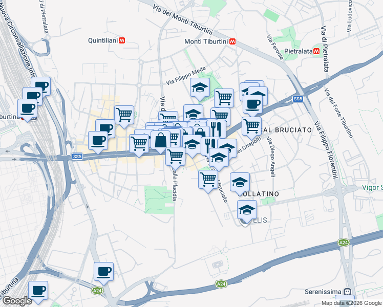 map of restaurants, bars, coffee shops, grocery stores, and more near 598 Via Tiburtina in Roma