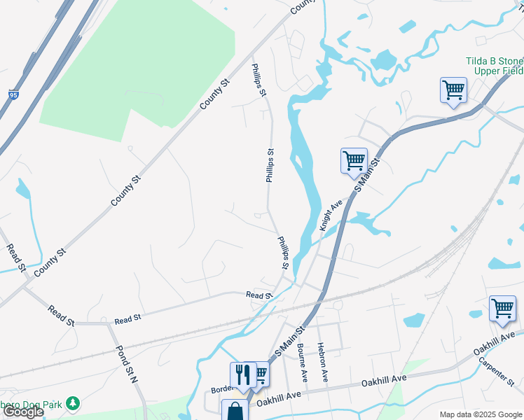 map of restaurants, bars, coffee shops, grocery stores, and more near 60 Phillips Street in Attleboro