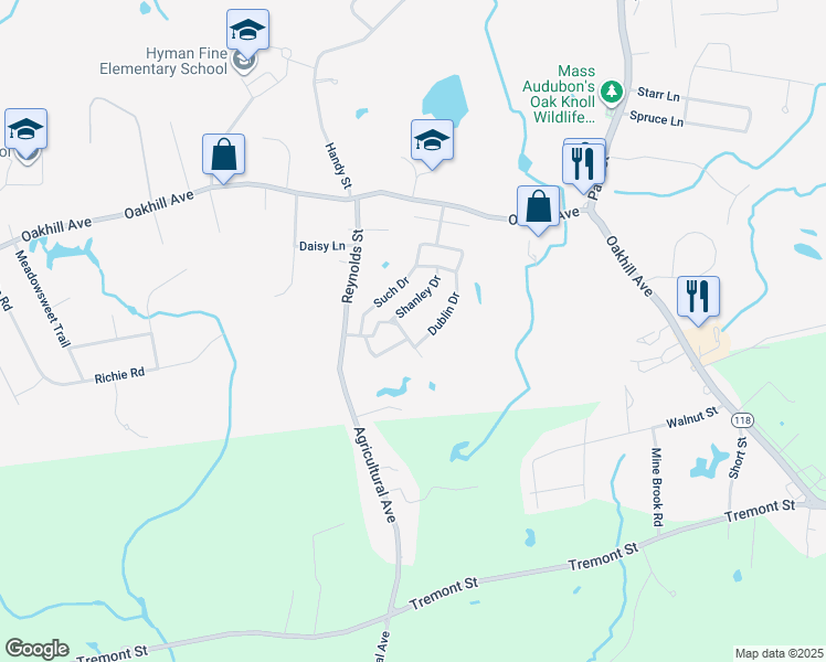 map of restaurants, bars, coffee shops, grocery stores, and more near 127 Dublin Drive in Attleboro