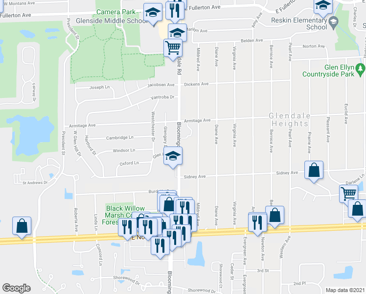 map of restaurants, bars, coffee shops, grocery stores, and more near 2N307 Bloomingdale Road in Glendale Heights